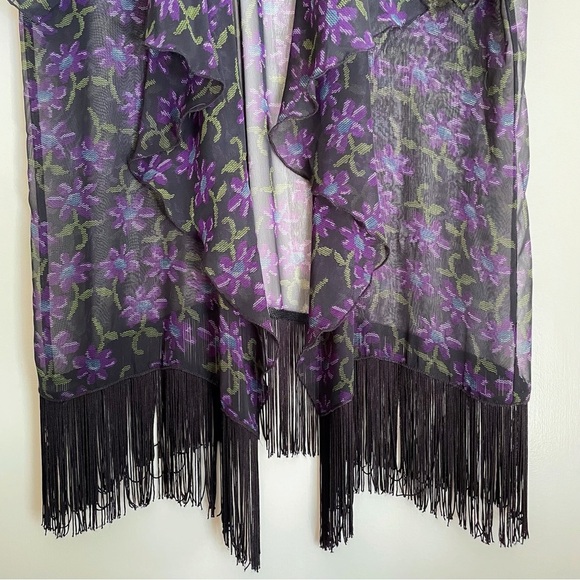 NWOT LuLaRoe ‘Monroe’ Sheer Kimono w/ Fringe, Black w/ Purple Flowers Size L - Picture 4 of 12
